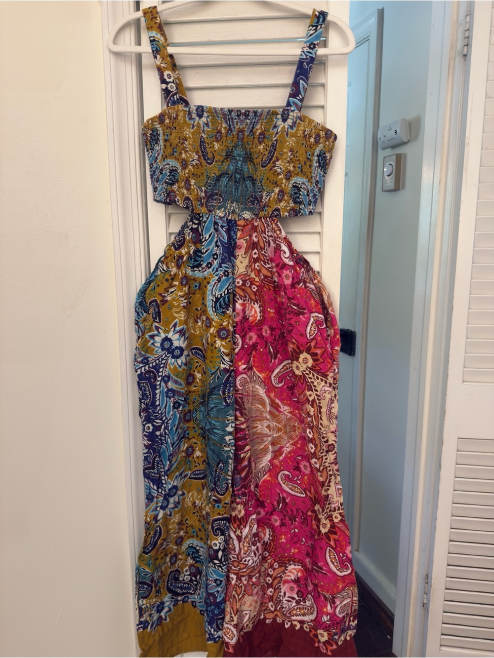 Anthropologie Piper Cutout Jumpsuit in Blue & Pink Boho Paisley Color-block | XS